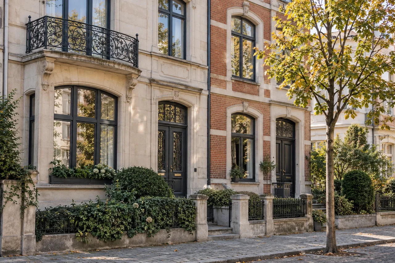Façades de maisons bruxelloises en brique et pierre, illustration d’ambiance sans adresse précise