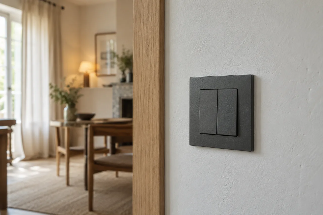 Détail d’un interrupteur graphite sur un mur clair près d’une porte en bois, illustration d’ambiance