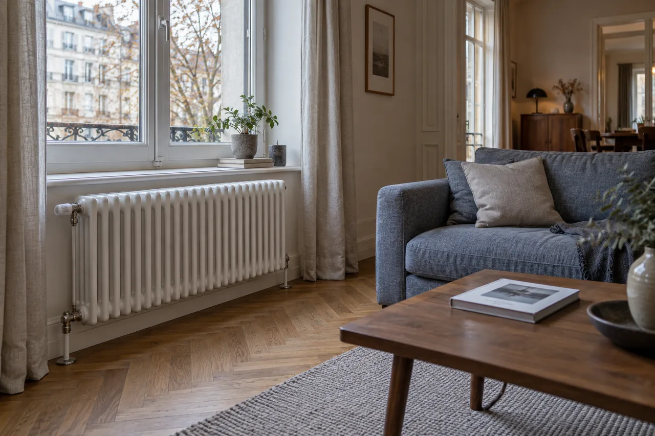 Radiateur blanc sous une fenêtre dans une pièce de vie, illustration d’ambiance