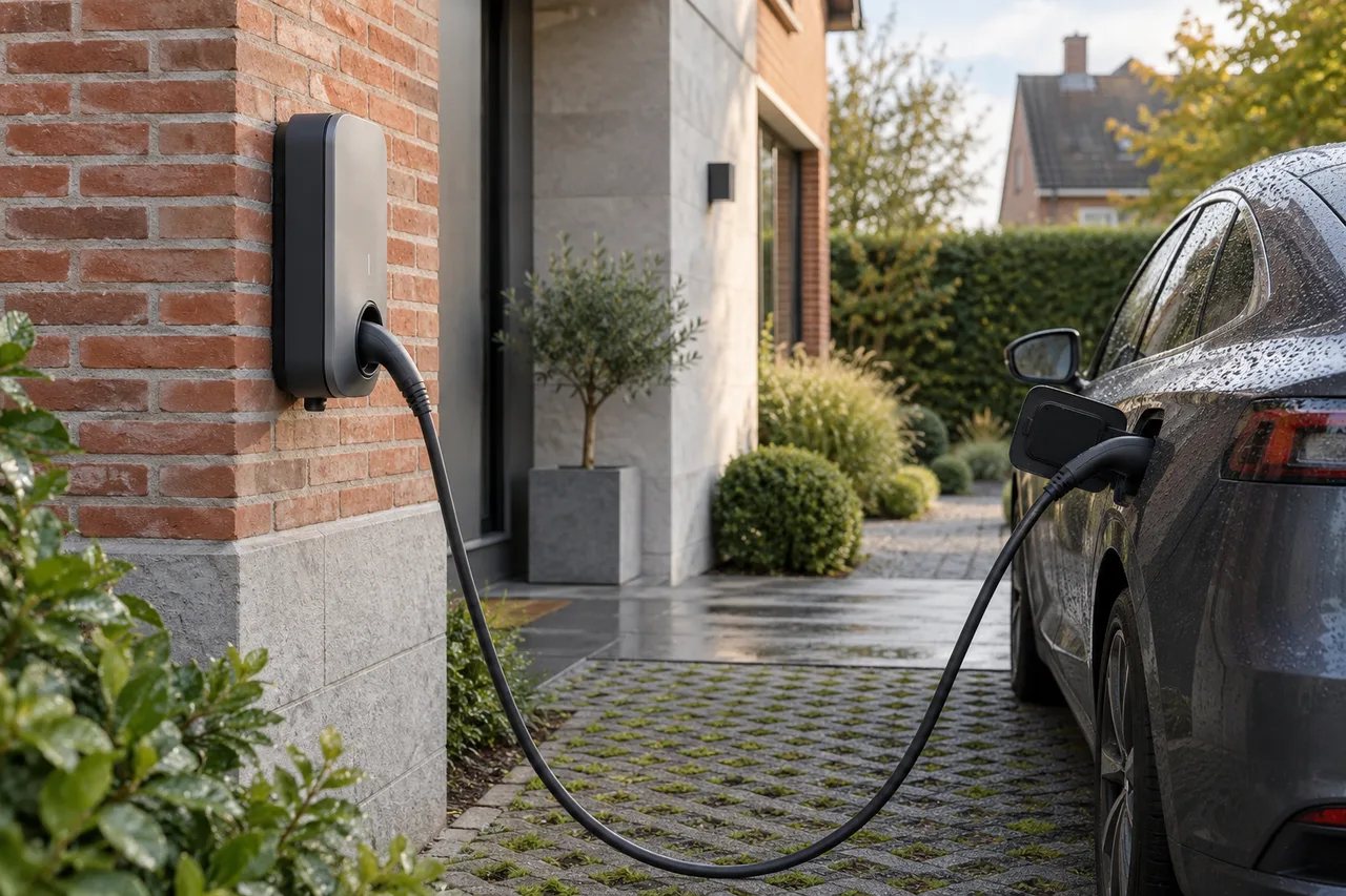 Borne de recharge domestique reliée à une voiture sur une allée résidentielle, illustration d’ambiance